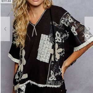 NWT Pol v neck hoodie relaxed fit top with lace detail.